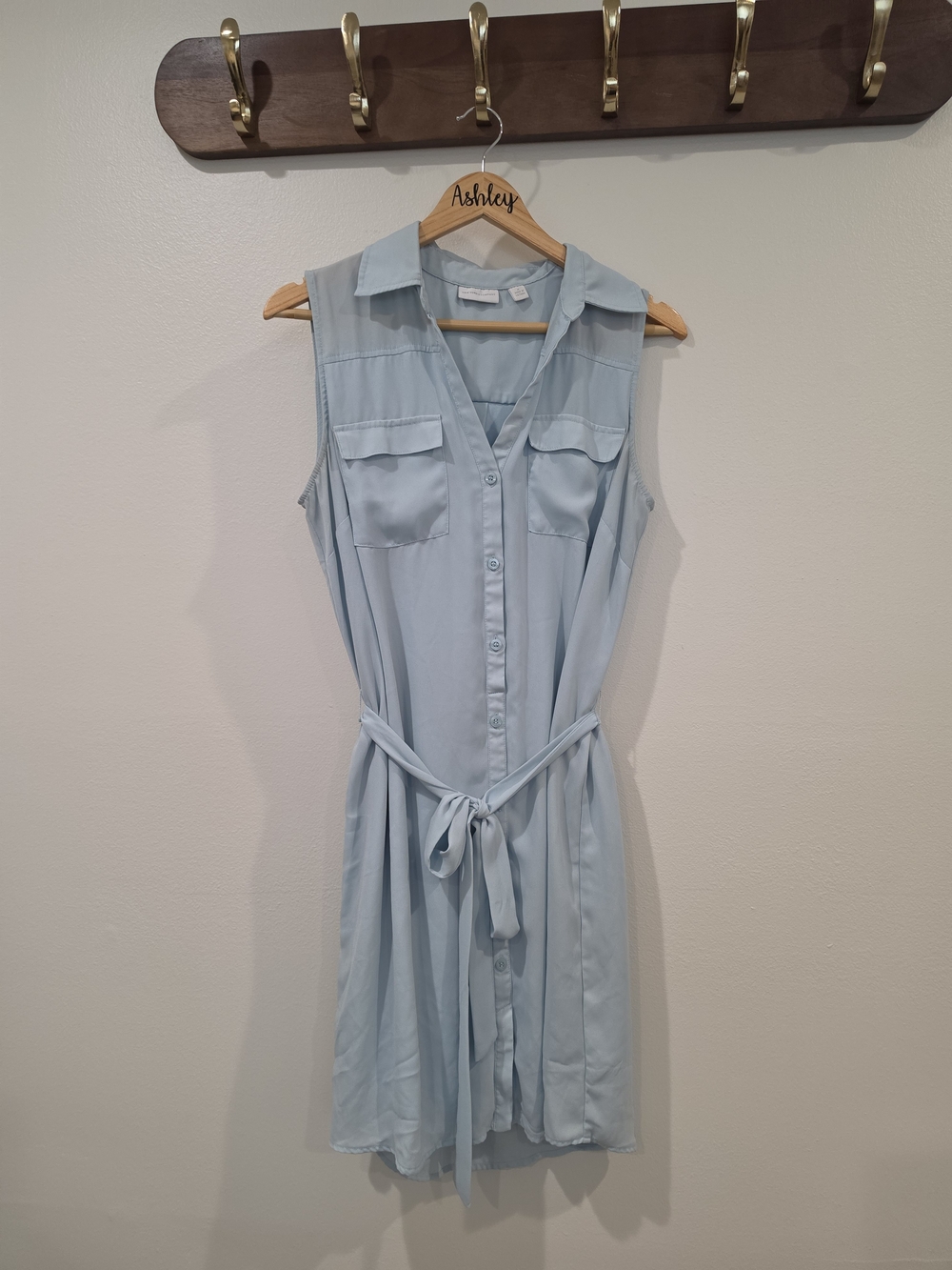 New York & Company Light Blue Sleeveless Midi Shirt Dress with Tie Waist